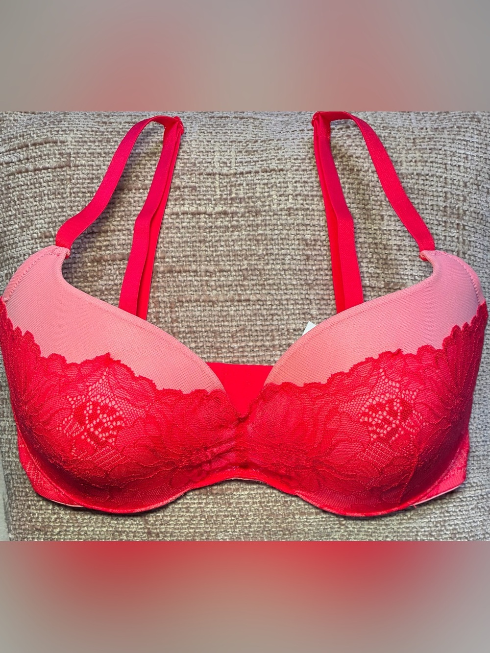 Adore Me 32DD Pink & Red Floral Lace Padded Underwire Bra NWT